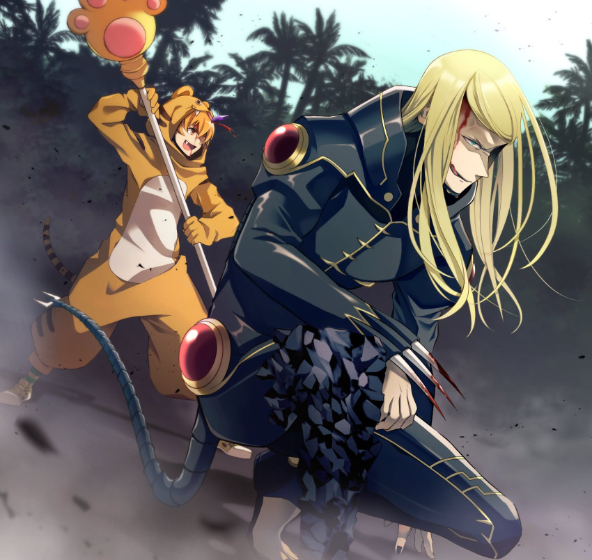 1boy, 1girl, blonde_hair, blood, blood_on_face, blood_on_weapon, blue_eyes, claw_(weapon)