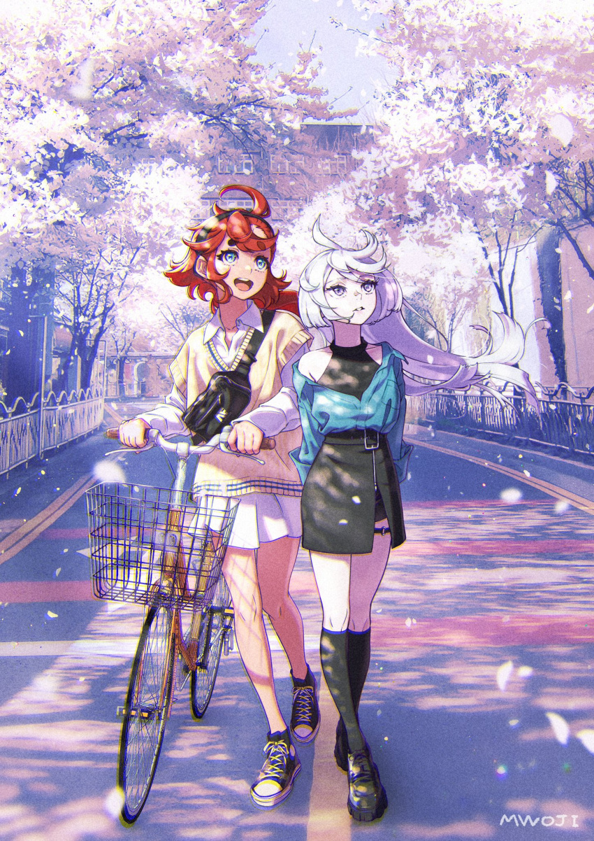 2girls, ahoge, alternate_costume, anaheim_electronics, arms_behind_back, bag, bicycle, bicycle_basket, black_dress, black_footwear, black_hairband, black_socks, blue_eyes, blue_jacket, brown_sweater_vest, building, casual, cherry_blossoms, collared_shirt, commentary_request, cropped_jacket, day, dress, falling_petals, floating_hair, grey_eyes, grey_hair, ground_vehicle, gundam, gundam_suisei_no_majo, hairband, halter_dress, halterneck, highres, jacket, kneehighs, korean_commentary, long_sleeves, looking_up, miorine_rembran, multiple_girls, mwoji, o-ring, o-ring_thigh_strap, off_shoulder, open_mouth, outdoors, parted_lips, petals, railing, redhead, road, shirt, shoes, skirt, sleeveless, sleeveless_dress, smile, sneakers, socks, standing, street, suletta_mercury, sweater_vest, teeth, thigh_strap, tree, upper_teeth_only, white_shirt, white_skirt