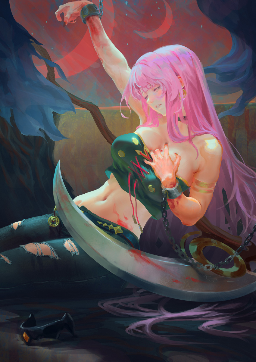 1girl, absurdres, alternate_costume, arm_up, armlet, bare_shoulders, blood, bryuenart