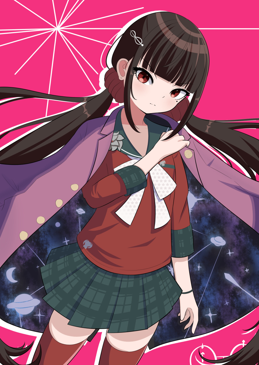 1girl, absurdres, black_skirt, blunt_bangs, borrowed_clothes, brown_hair, danganronpa_(series), danganronpa_v3:_killing_harmony, edmundnfk, frown, hair_ornament, hair_scrunchie, hairclip, harukawa_maki, highres, long_hair, long_sleeves, looking_at_viewer, low_twintails, mole, mole_under_eye, outline, pink_background, plaid, plaid_skirt, pleated_skirt, red_eyes, red_scrunchie, red_shirt, sailor_collar, school_uniform, scrunchie, shirt, skirt, solo, space_print, starry_sky_print, twintails, white_outline