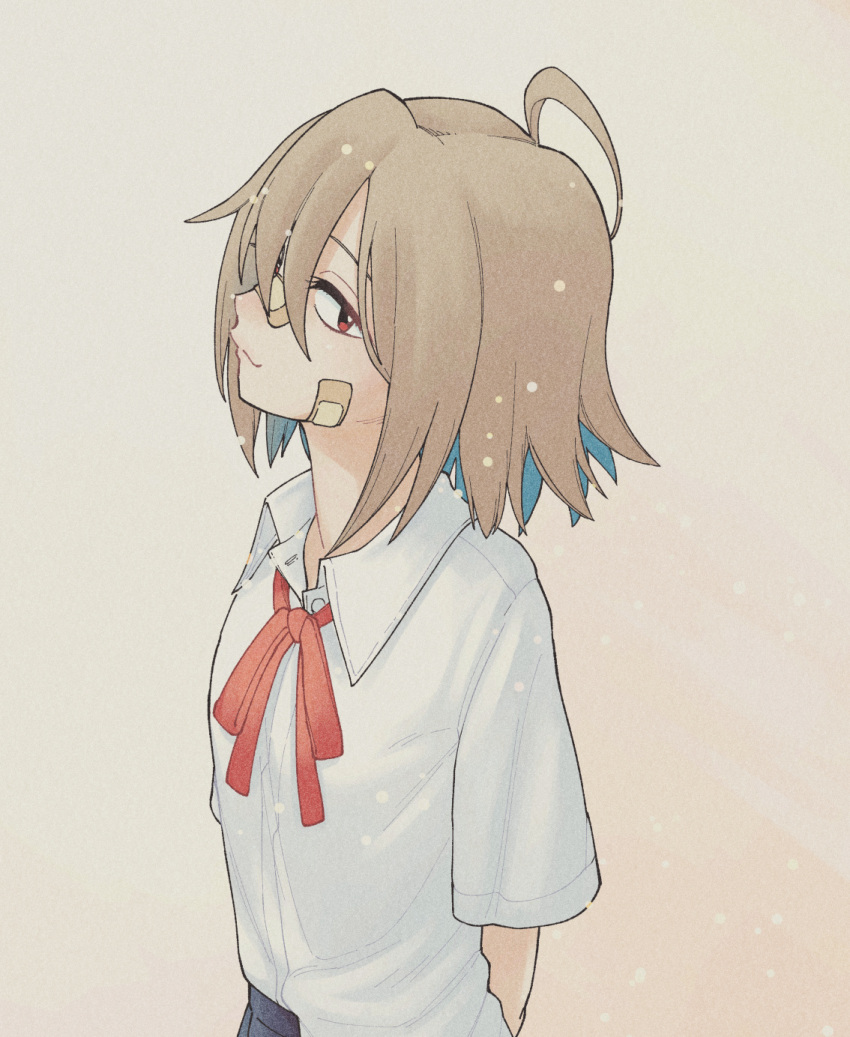 1girl, ahoge, arms_behind_back, bandaid, bandaid_on_cheek, bandaid_on_face, bandaid_on_nose, blue_hair