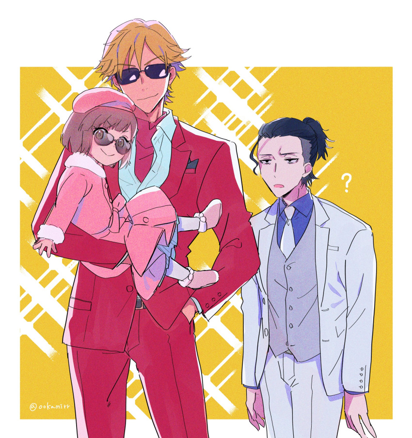 1girl, 2boys, ?, black_hair, brown_hair, buddy_daddies, carrying, child