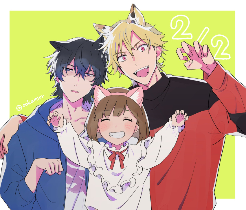 1girl, 2boys, :d, animal_ears, black_hair, blue_eyes, blue_sweater, blush