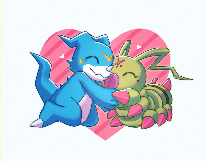 burritosalad, closed_eyes, digimon, digimon_(creature), heart, highres, hug, kneeling, no_humans, simple_background, smile, veemon, white_background, wormmon