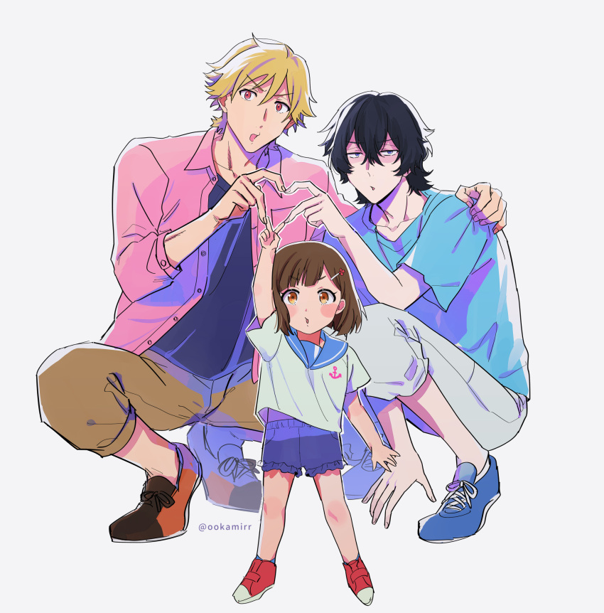 1girl, 2boys, :o, black_hair, blue_sailor_collar, blue_shirt, blush, brown_hair