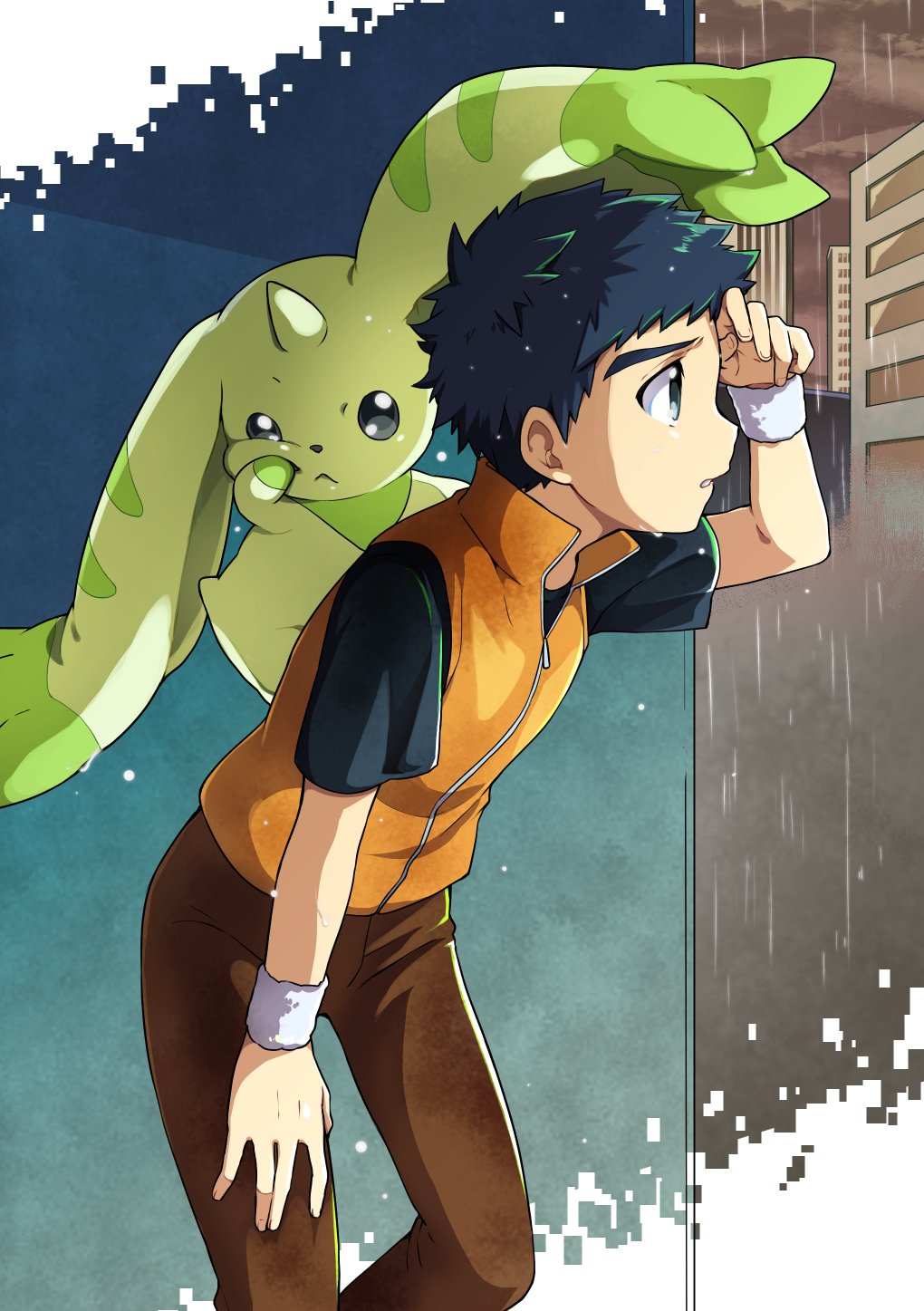 1boy, black_hair, black_shirt, blue_eyes, brown_pants, digimon, digimon_(creature), hand_on_own_knee