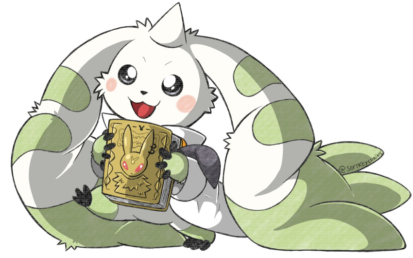 blush, book, digimon, digimon_(creature), digimon_ghost_game, highres, holding, holding_book, open_mouth, shirt, simple_background, softkeychains, solo, terriermon, walking, white_background, white_shirt