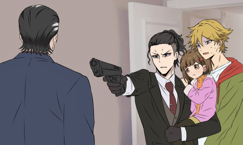 1girl, 3boys, back, black_gloves, black_hair, blonde_hair, bob_cut, brown_hair