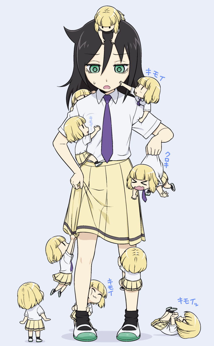 >_<, 6+girls, :3, :o, animated, animated_gif, bags_under_eyes, black_hair, black_socks, blonde_hair, blunt_bangs, blush, breast_grab, breasts, cheek_poking, chibi, chibi_on_head, chibi_on_shoulder, climbing, clinging, clone, closed_eyes, closed_mouth, collared_shirt, commentary_request, falling, grabbing, green_eyes, groping, hair_between_eyes, highres, ichikawa_masahiro, kuroki_tomoko, lifting_person, long_hair, looking_at_another, minigirl, multiple_girls, multiple_persona, necktie, on_head, on_shoulder, open_mouth, person_on_head, playing_with_another's_hair, pleated_skirt, poking, purple_necktie, rubbing, school_uniform, shirt, shirt_tucked_in, shoes, short_hair, short_sleeves, skirt, socks, solid_oval_eyes, standing, sweatdrop, uchi_emiri, uwabaki, watashi_ga_motenai_no_wa_dou_kangaetemo_omaera_ga_warui!, wavy_mouth, white_footwear, white_shirt, yellow_skirt, yuri