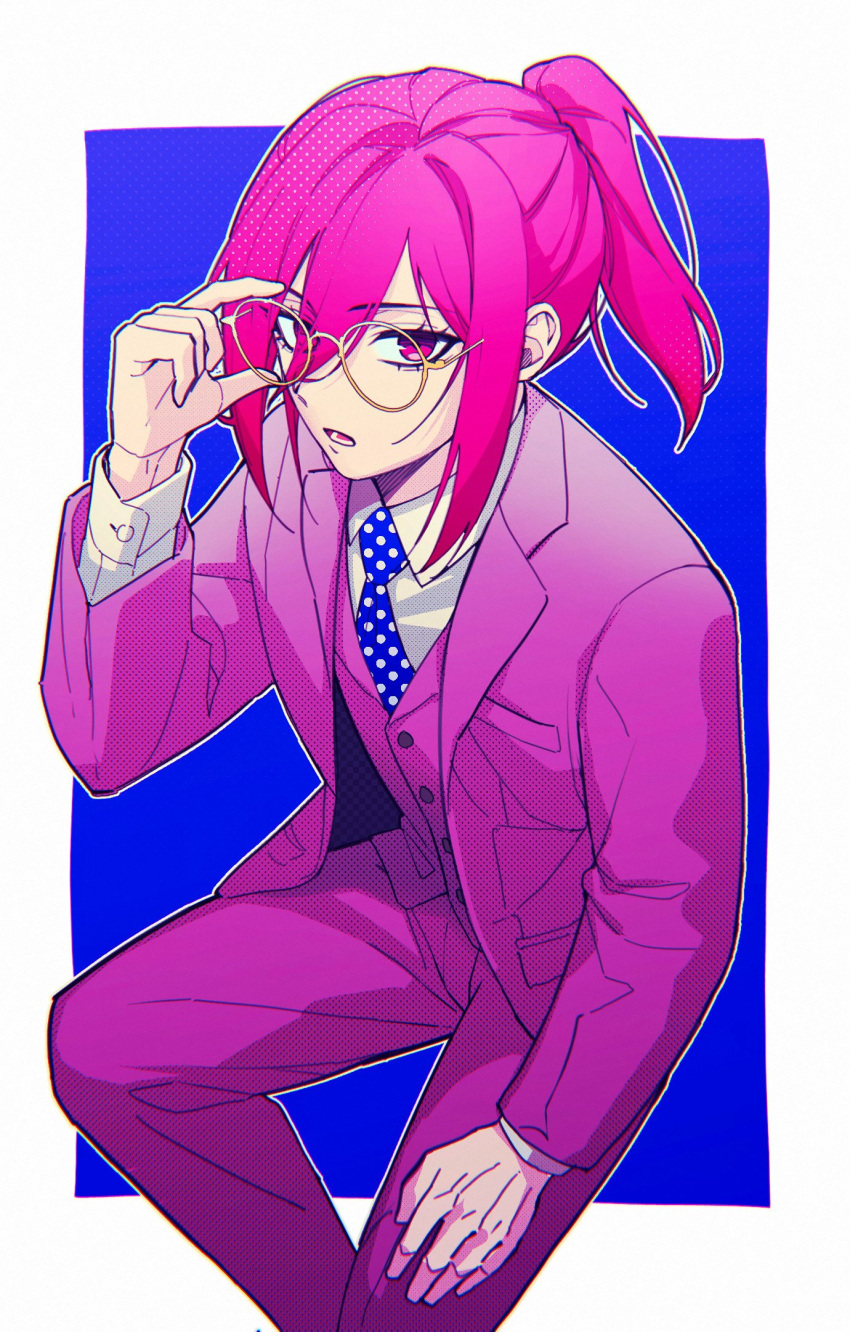 1boy, adjusting_eyewear, androgynous, blue_background, blue_lock, blue_necktie, chigiri_hyoma, collared_shirt