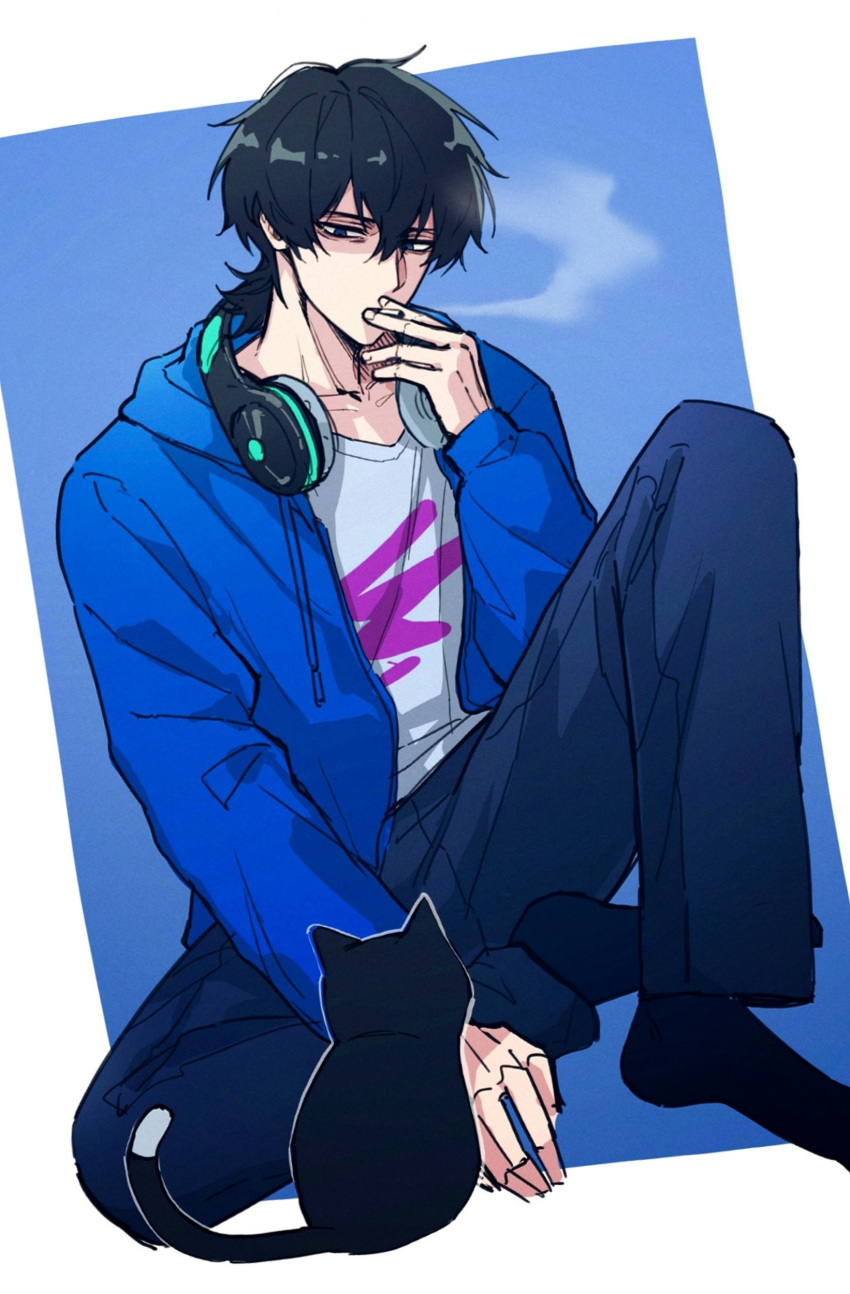 1boy, absurdres, black_cat, black_hair, black_socks, blue_background, blue_hoodie, blue_pants