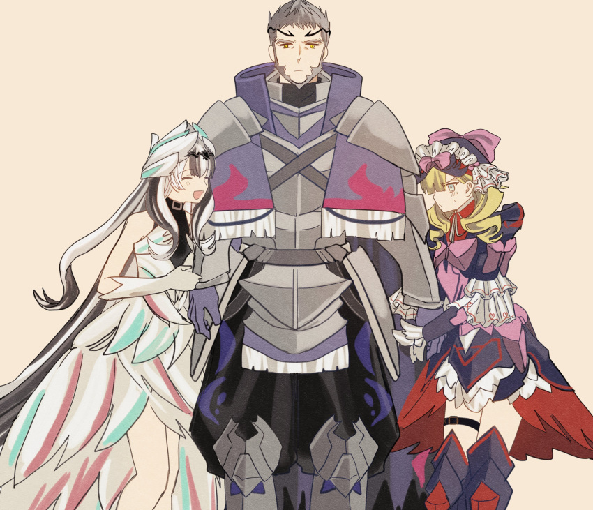 1boy, 2girls, absurdres, armor, beard, blonde_hair, closed_eyes, dress