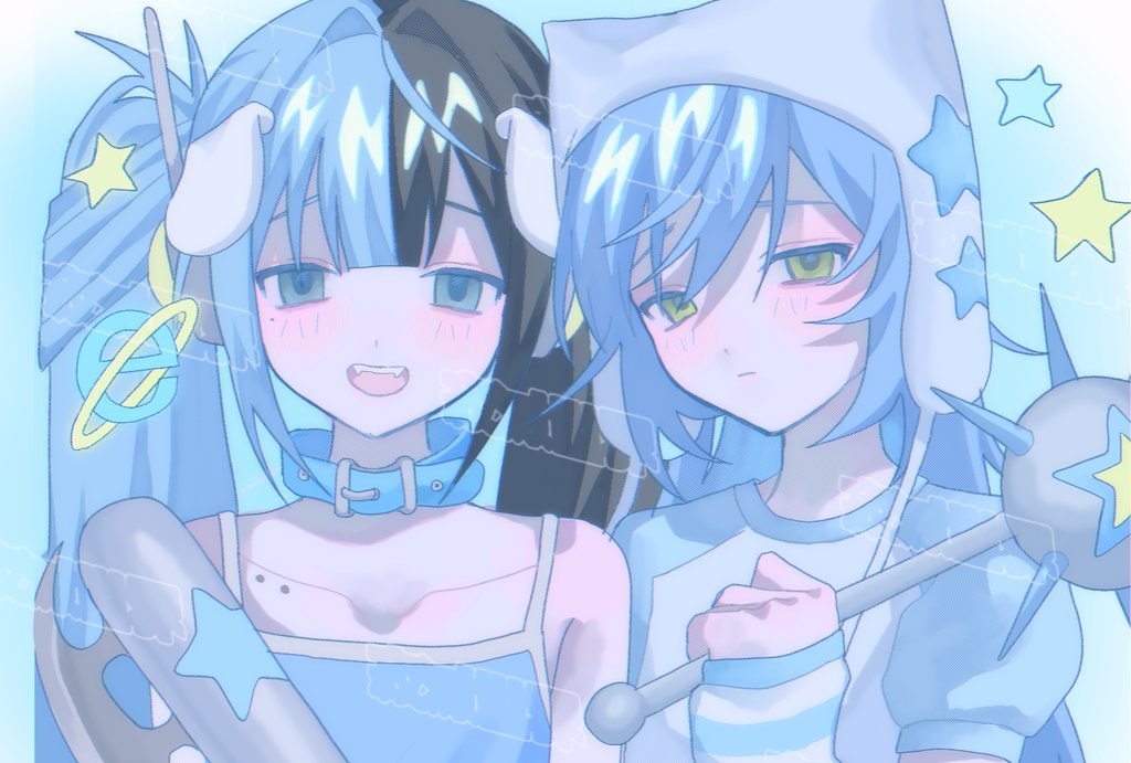 2girls, animal_ears, animal_hat, belt, belt_collar, black_hair, blue_background, blue_belt