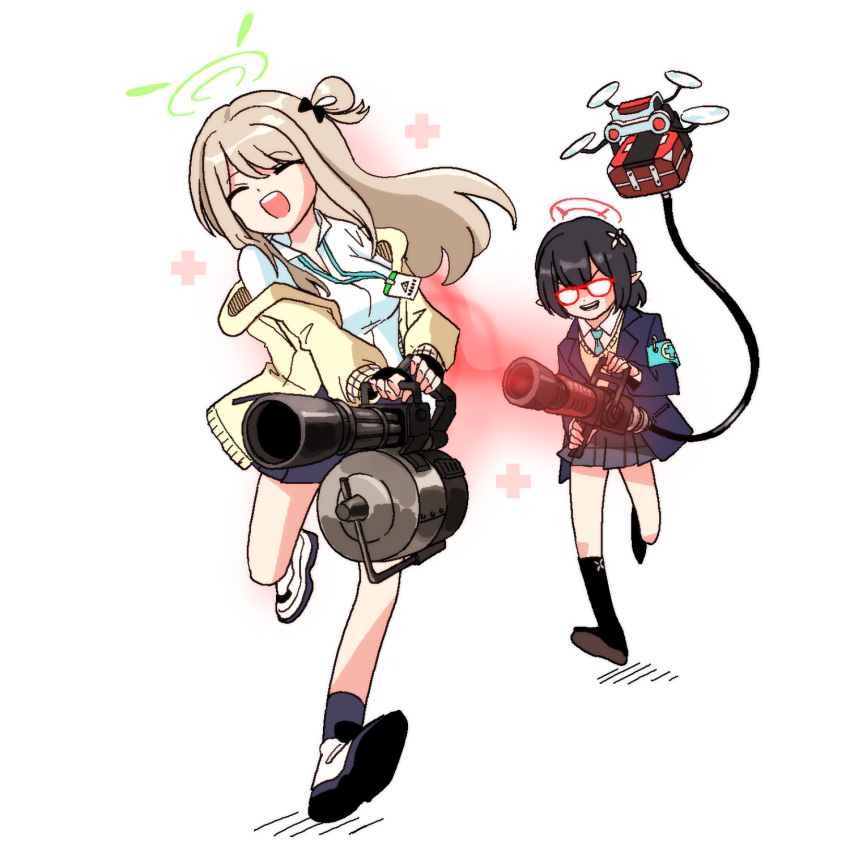 2girls, ayane_(blue_archive), blue_archive, closed_eyes, crossover, drone, gatling_gun, glasses
