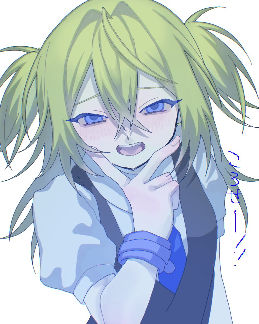 1girl, black_vest, blue_necktie, blush, commentary, crossed_bangs, fang, green_hair