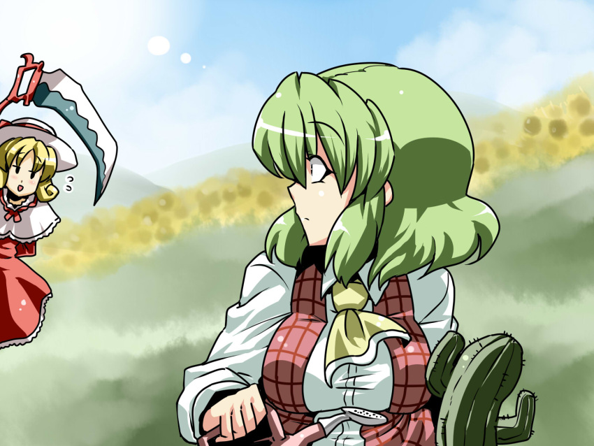blonde_hair, breasts, cactus, dutch_angle, elly, flower, flower_field, green_hair, hat, highres, kazami_yuuka, lens_flare, looking_back, mountain, nature, plaid_vest, scythe, short_hair, sun, sunflower, touhou, touhou_(pc-98), tsuki_wani, watering_can