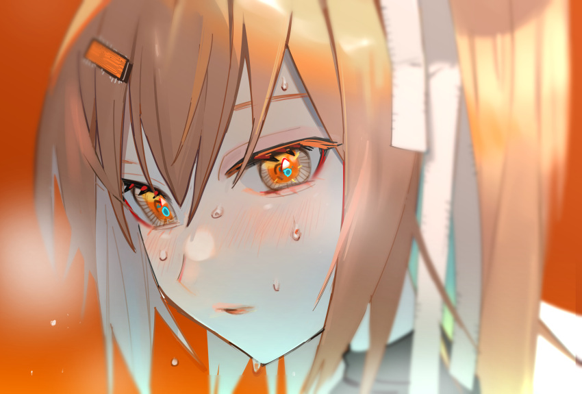 1girl, a.i._voice, adachi_rei, alternate_eye_color, asano_goji, black_shirt, blurry, blush, breath, close-up, commentary, computer_chip, depth_of_field, grey_eyes, hair_ornament, hair_ribbon, hairclip, highres, looking_at_viewer, multicolored_eyes, orange_background, orange_eyes, orange_hair, parted_lips, portrait, ribbon, romaji_commentary, shirt, side_ponytail, sideways_glance, simple_background, solo, sweat, turtleneck, utau, white_ribbon