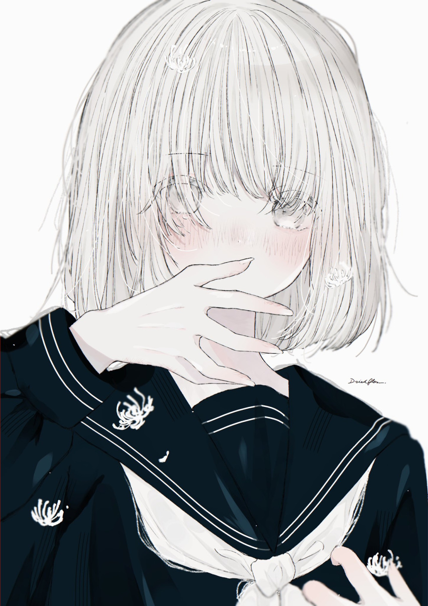 1girl, black_sailor_collar, black_serafuku, blush, commentary_request, covered_mouth, driedflower, flower