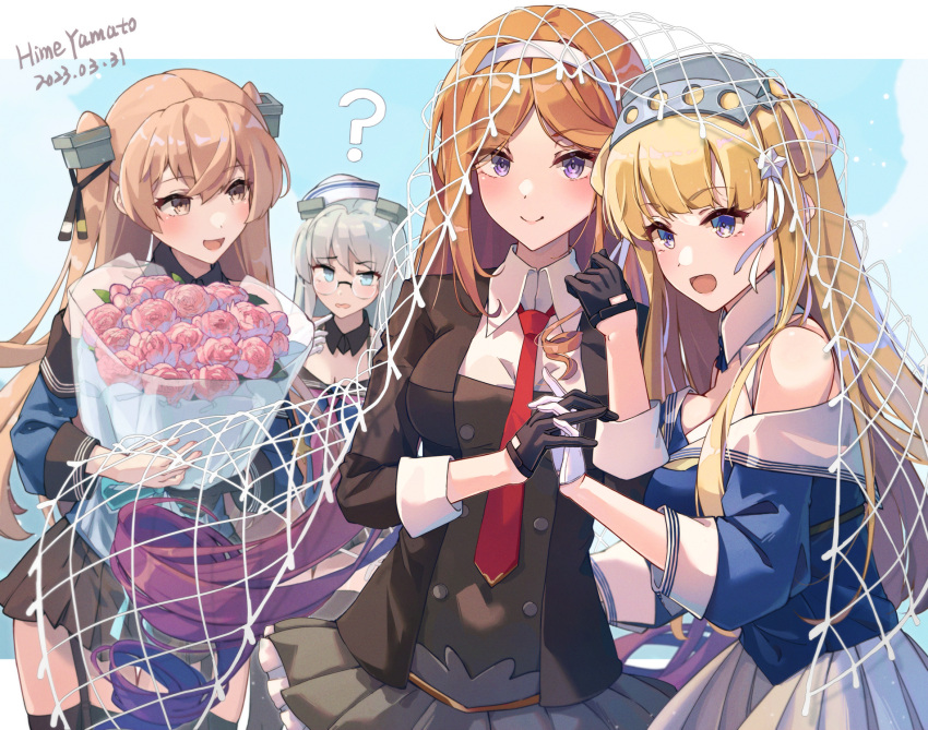 4girls, ?, ahoge, artist_name, asymmetrical_sidelocks, black_gloves, black_jacket, black_skirt