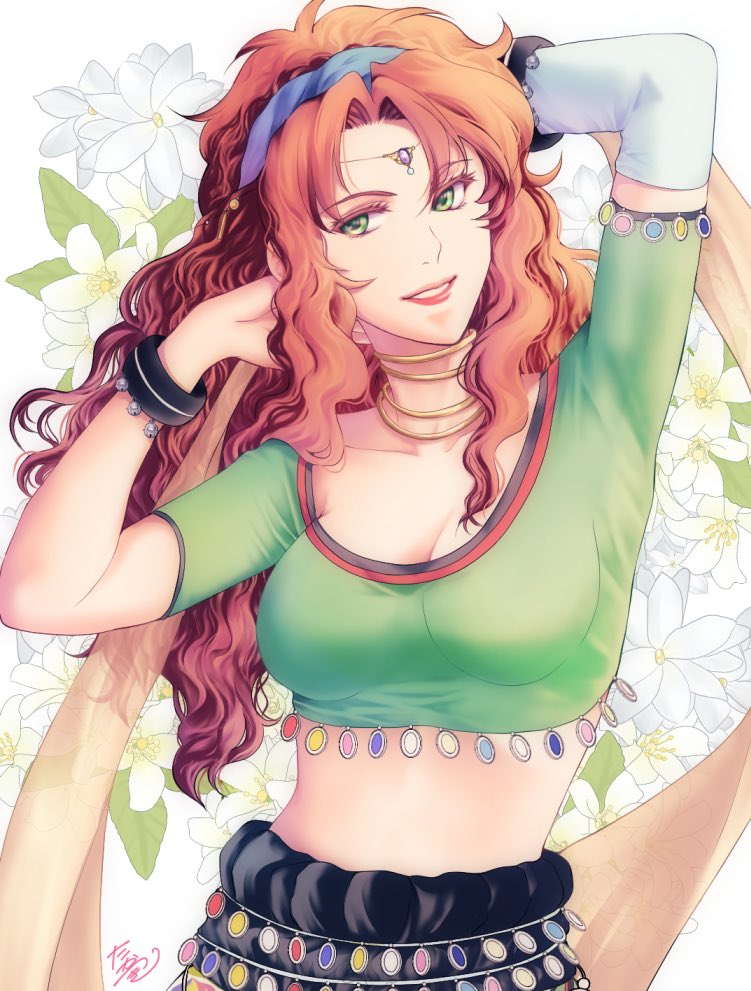 1girl, barbara_(romancing_saga), breasts, brown_hair, curly_hair, flower, green_eyes, lipstick