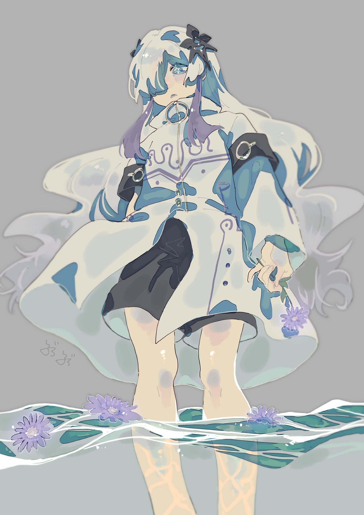 1girl, afloat, asymmetrical_sleeves, black_shorts, blue_eyes, blurry, brbr_vrvr, caustics