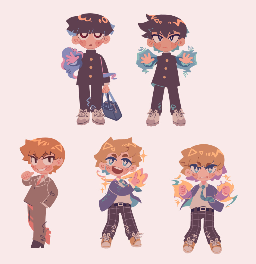 4boys, bag, belt, black_hair, black_jacket, black_pants, blonde_hair, blue_eyes, blush, bowl_cut, brothers, brown_eyes, buttons, chibi, clenched_hands, closed_mouth, collared_shirt, commentary, english_commentary, formal, full_body, gakuran, glowing, glowing_hand, glowing_hands, grey_jacket, grey_pants, grey_suit, hanazawa_teruki, hand_in_pocket, highres, holding, holding_bag, jacket, kageyama_ritsu, kageyama_shigeo, long_sleeves, looking_at_viewer, male_focus, mob_psycho_100, multiple_boys, open_mouth, pants, reigen_arataka, school_uniform, shirt, shoes, short_hair, siblings, simple_background, smile, sneakers, standing, suit, van_(y_van), white_background, white_footwear, white_shirt, yellow_footwear