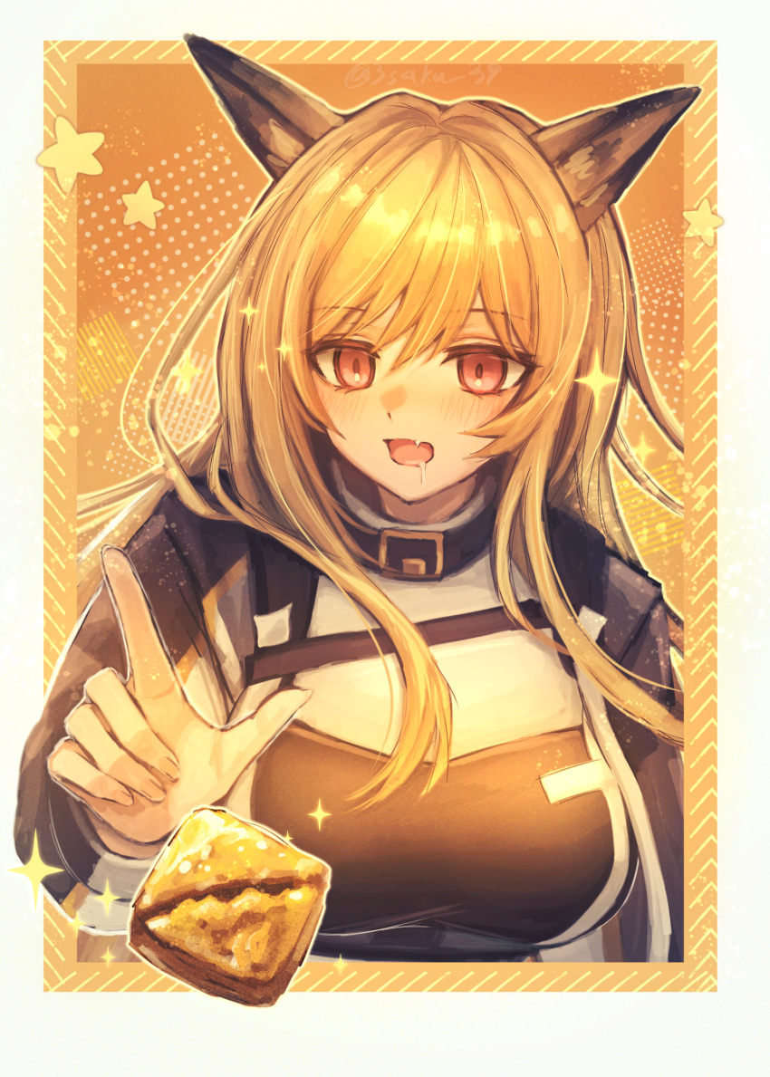 1girl, 3_(sanyako1), animal_ear_fluff, animal_ears, arknights, black_jacket, blonde_hair, breasts
