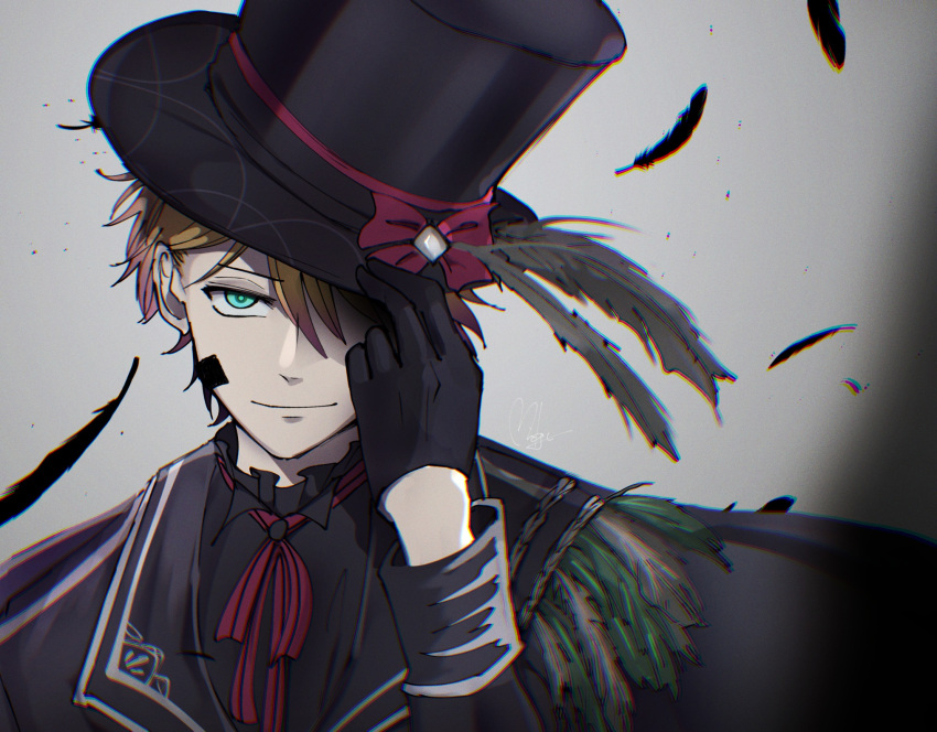 1boy, akuma_shitsuji_to_kuroi_neko, aqua_eyes, black_feathers, black_gloves, black_headwear, black_jacket, black_shirt