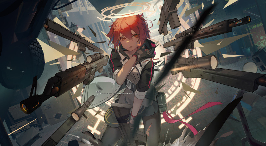 1girl, absurdres, arknights, black_gloves, black_pantyhose, black_skirt, blurry, blurry_foreground, brown_wings, commentary_request, depth_of_field, detached_wings, drawstring, exusiai_(arknights), fingerless_gloves, gloves, grey_shirt, gun, hair_between_eyes, halo, highres, hood, hood_down, hooded_jacket, jacket, looking_at_viewer, pantyhose, parted_lips, red_eyes, redhead, sail_(apha7775), shirt, skirt, solo, standing, weapon, weapon_request, white_jacket, wings