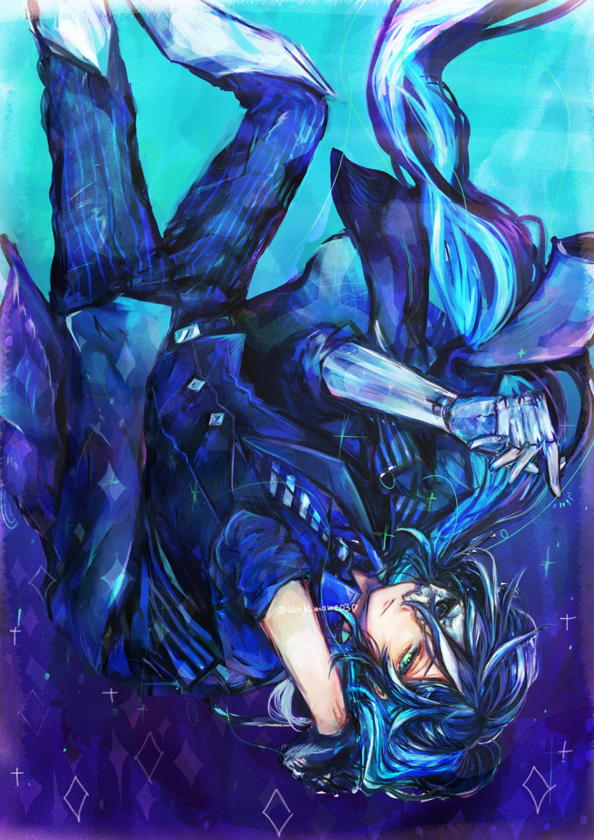 1boy, absurdres, akuma_shitsuji_to_kuroi_neko, aqua_hair, black_gloves, black_vest, blue_background, blue_pants