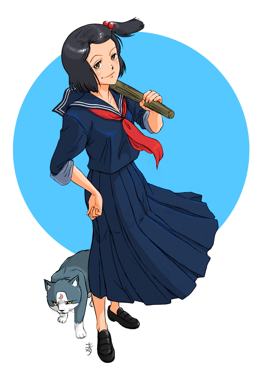 1girl, absurdres, aged_up, aobito_sukoyaka_bystander, black_footwear, black_hair, blue_background, blue_serafuku