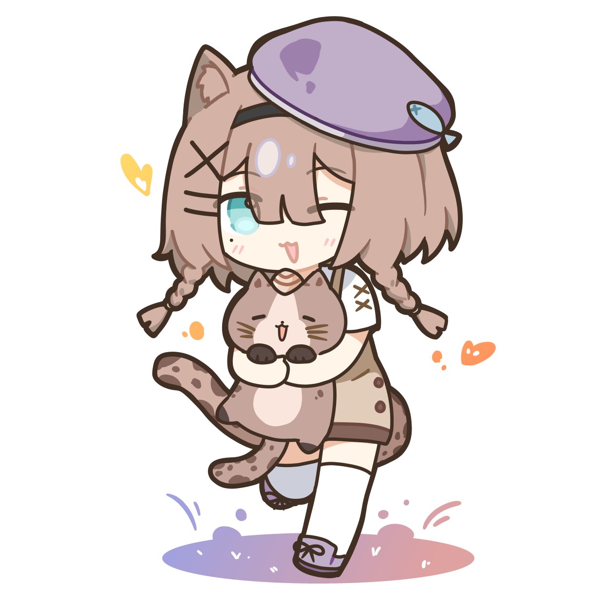 1girl, ;d, animal_ear_fluff, animal_ears, animal_hug, beret, blue_eyes, brown_hair