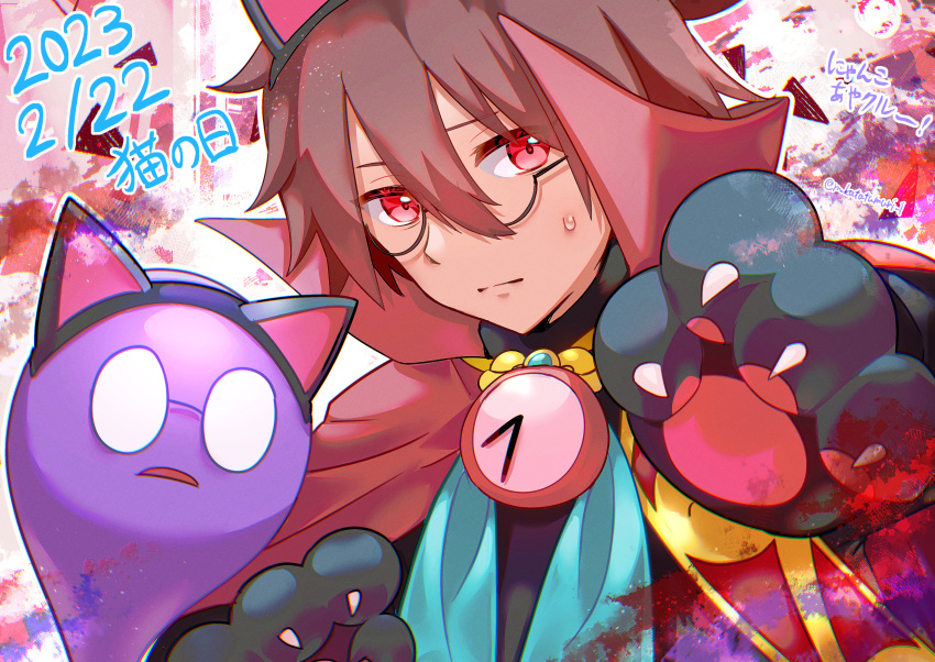 1boy, animal_ears, animal_hands, artist_name, brown_hair, cape, cat_day, clock, closed_mouth, dated, fake_animal_ears, glasses, gloves, hair_between_eyes, hairband, highres, katatsumuri_72, klug_(puyopuyo), looking_at_viewer, male_focus, messy_hair, paw_gloves, puyopuyo, puyopuyo_quest, red_cape, red_eyes, round_eyewear, solo, strange_klug, sweat, twitter_username