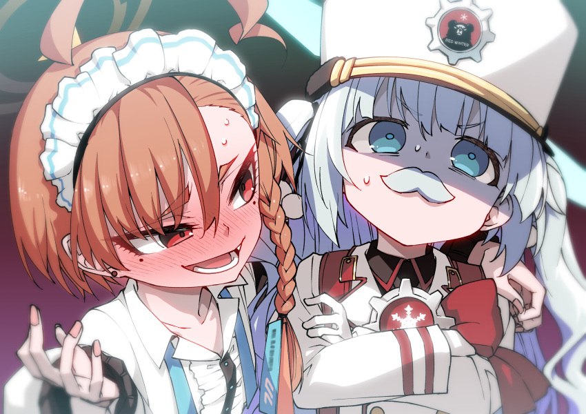 2girls, ahoge, blue_archive, blue_eyes, blush, cherino_(blue_archive), crossed_arms, facial_hair