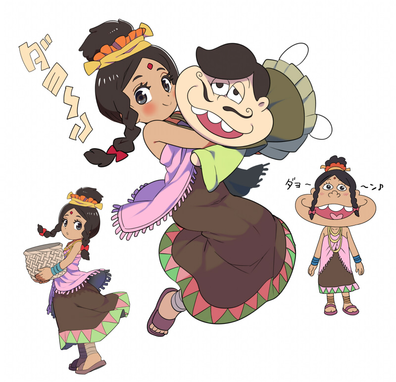 1boy, 1girl, anklet, basket, blush, bracelet, braid, brown_dress, brown_eyes, buck_teeth, dark-skinned_female, dark_skin, dayoon_girl, dress, facial_hair, forehead_jewel, garara382, green_kimono, hair_bun, hair_ornament, hair_scrunchie, heart, heart_in_mouth, hetero, holding, holding_basket, hug, japanese_clothes, jewelry, kimono, matsuno_choromatsu, multiple_views, mustache, necklace, official_style, open_mouth, osomatsu-san, parody, sandals, scrunchie, smile, style_parody, teeth, twin_braids, white_background, yukata