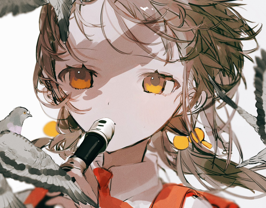 1girl, backpack, bag, bird, black_hair, blurry, collared_shirt, commentary_request, depth_of_field, expressionless, floating_hair, forehead, hair_bobbles, hair_ornament, half-closed_eyes, highres, holding, holding_instrument, instrument, kaai_yuki, kiu_(why7b), kyoufuu_all_back_(vocaloid), looking_at_viewer, low_twintails, medium_hair, messy_hair, music, necktie, pale_skin, pigeon, playing_instrument, portrait, randoseru, recorder, red_bag, red_necktie, shadow, shirt, shoulder_strap, solo, twintails, vocaloid, white_background, white_shirt, yellow_eyes