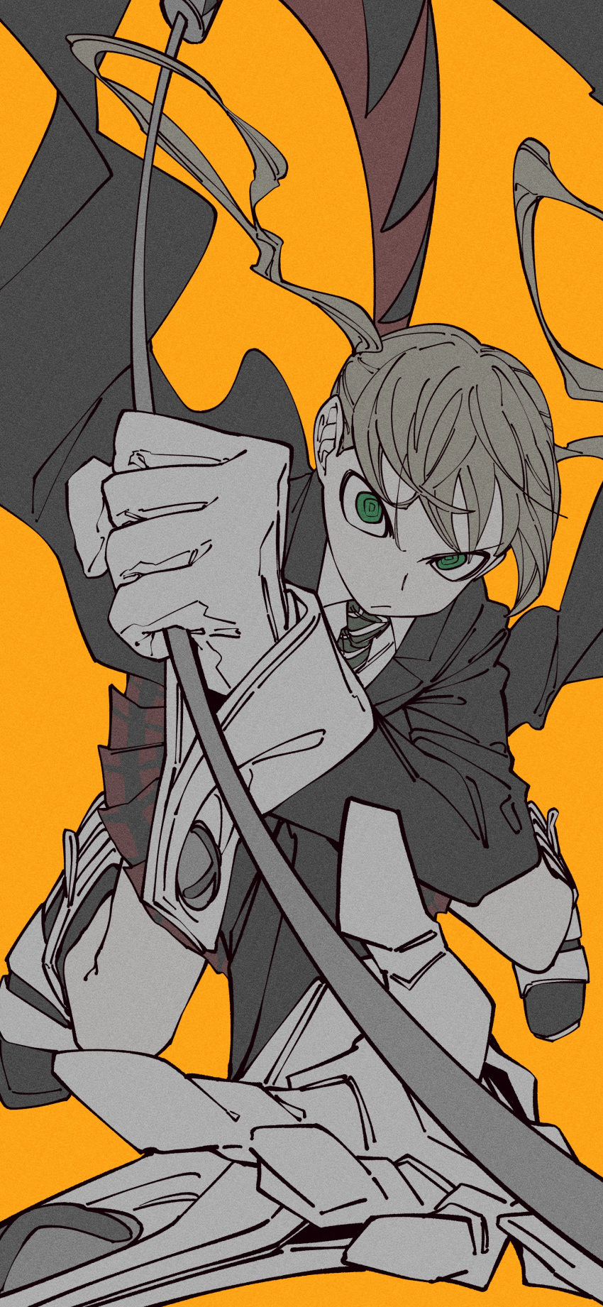 1girl, absurdres, black_coat, blonde_hair, boots, closed_mouth, coat, diagonal-striped_necktie, empty_eyes, fighting_stance, film_grain, floating_hair, foreshortening, frown, full_body, glaring, gloves, green_eyes, green_necktie, highres, holding, holding_scythe, kogorooz, long_hair, looking_at_viewer, maka_albarn, necktie, orange_background, plaid, plaid_skirt, red_skirt, sanpaku, screw, scythe, serious, simple_background, skirt, sleeve_cuffs, solo, soul_eater, twintails, v-shaped_eyebrows, white_gloves
