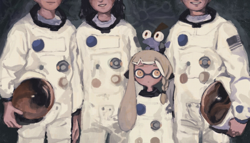 2boys, 2girls, american_flag, animal_on_head, arms_at_sides, astronaut, asymmetrical_sidelocks, black_hair, blonde_hair, braid, carrying, carrying_under_arm, character_request, closed_mouth, cowboy_shot, domino_mask, dr_mice, expressionless, grin, head_out_of_frame, headwear_removed, height_difference, helmet, helmet_removed, highres, holding, holding_helmet, inkling, inkling_girl, looking_up, mask, medium_hair, multiple_boys, multiple_girls, on_head, patch, sanpaku, scanlines, short_hair, short_hair_with_long_locks, side_braid, sideways_glance, smile, space_helmet, splatoon_(series), splatoon_3, tentacle_hair, yellow_eyes
