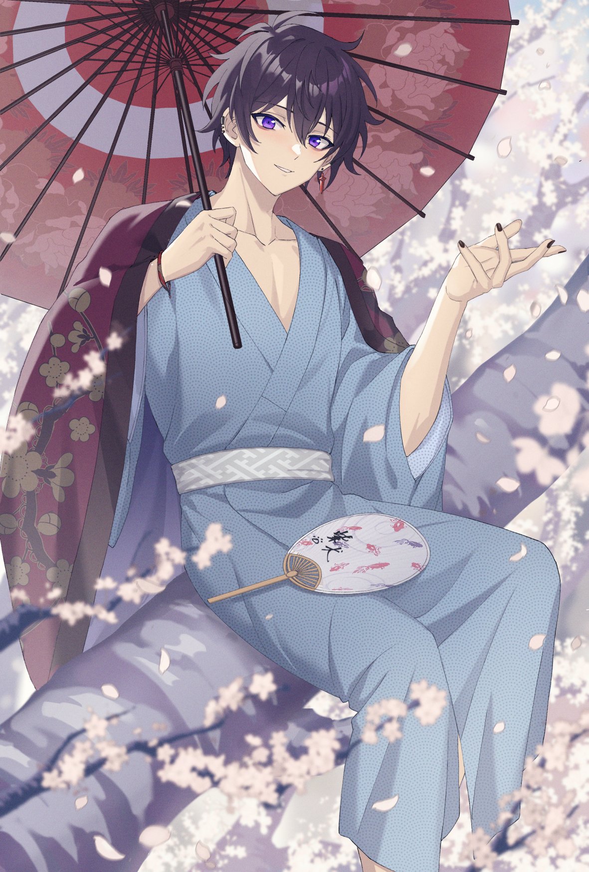 1boy, black_hair, blanc1771, earrings, hand_fan, highres, holding, holding_umbrella