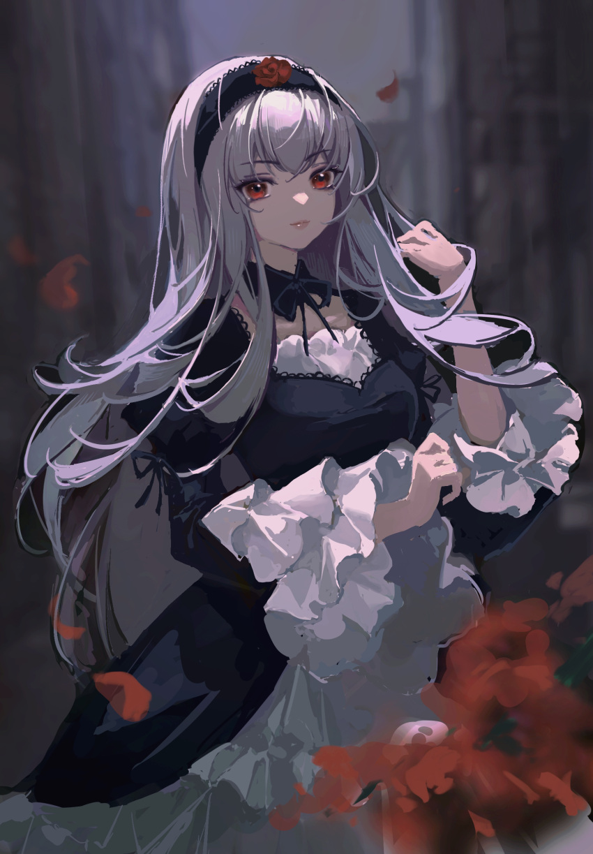 1girl, absurdres, black_collar, black_dress, black_hairband, black_ribbon, breasts, closed_mouth