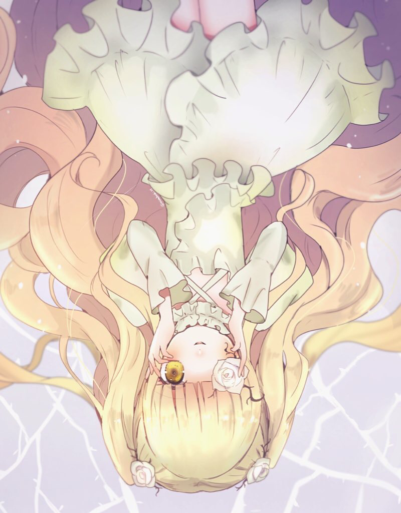 1girl, blonde_hair, blunt_bangs, commentary_request, cowboy_shot, flower, flower_over_eye, frilled_shirt