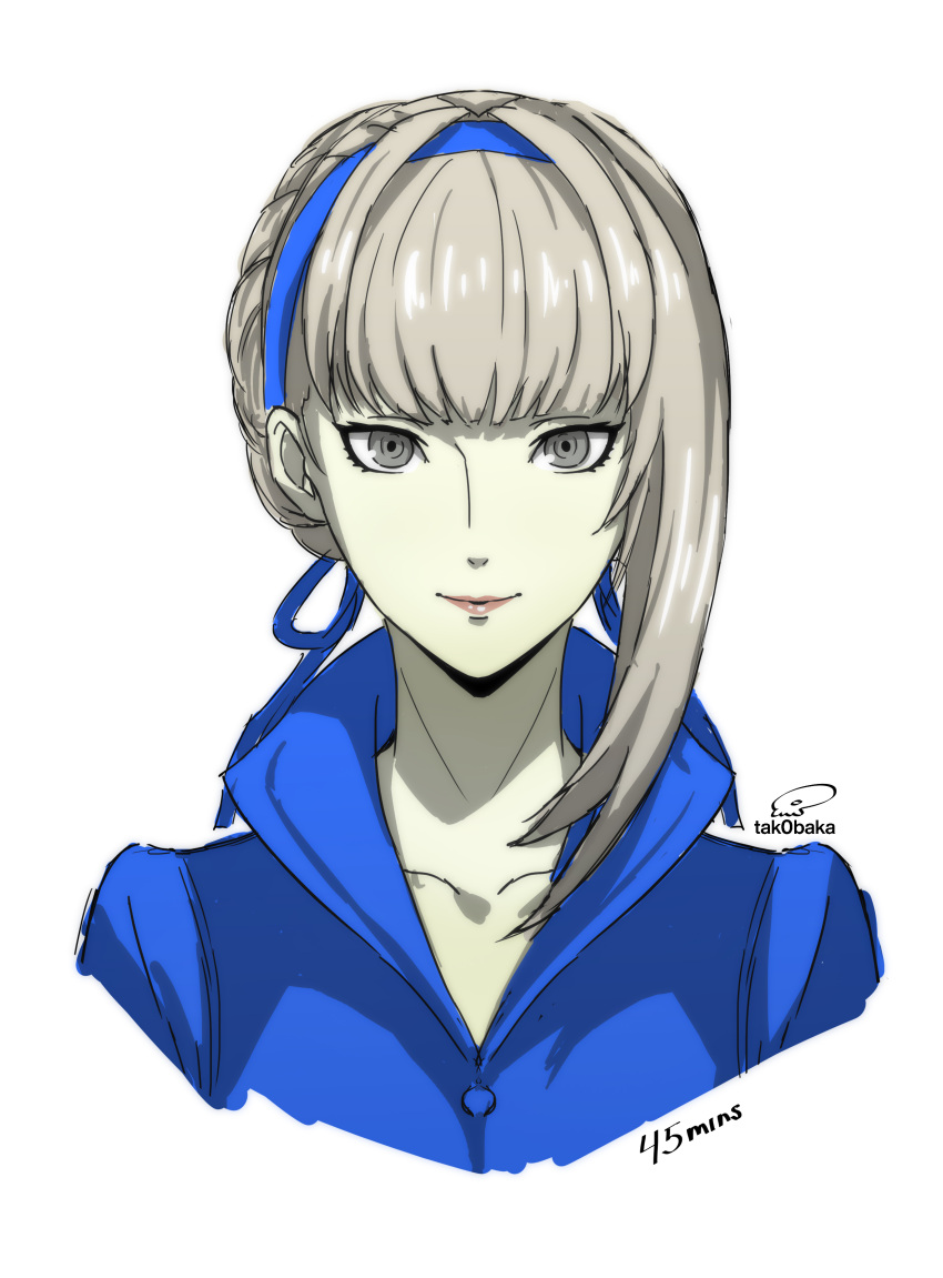 1girl, absurdres, artist_name, blue_hairband, blue_ribbon, blue_shirt, closed_mouth, collarbone
