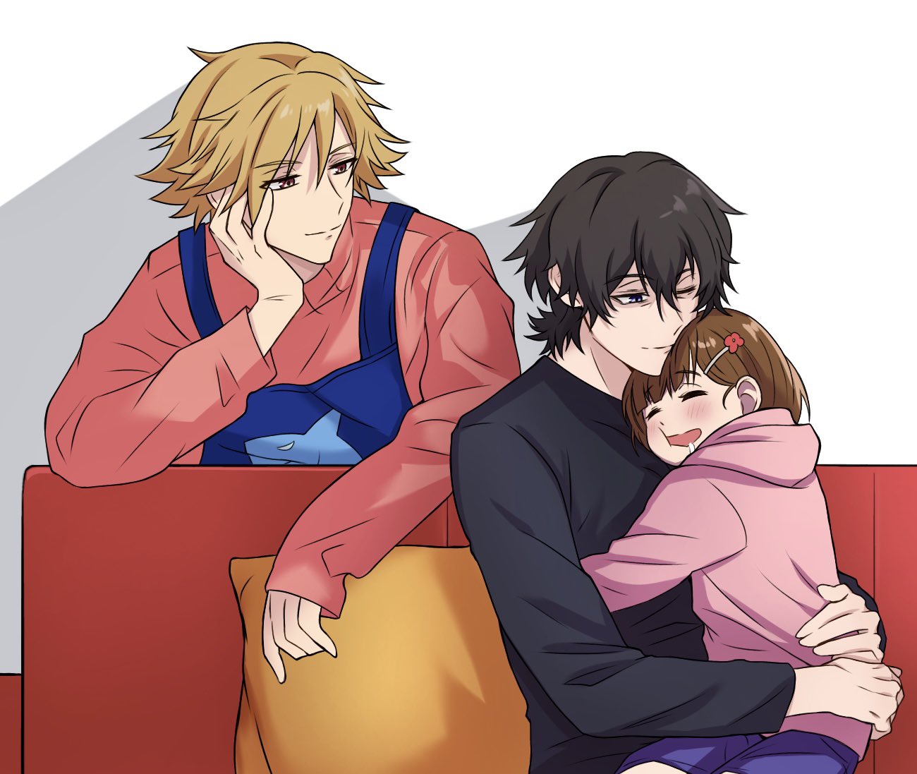 1girl, 2boys, apron, black_hair, black_shirt, blonde_hair, blue_eyes, brown_hair