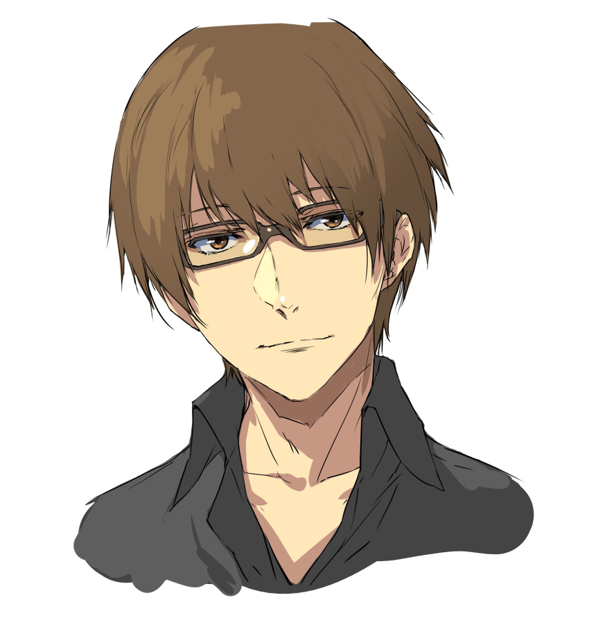 1boy, absurdres, black_shirt, brown-framed_eyewear, brown_eyes, brown_hair, buddy_daddies, enami_katsumi, glasses, highres, kugi_kyutaro, looking_at_viewer, male_focus, portrait, shirt, short_hair, white_background