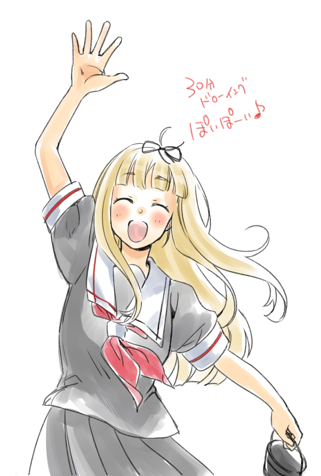 1girl, black_ribbon, black_serafuku, black_shirt, black_skirt, blonde_hair, blunt_bangs, commentary_request