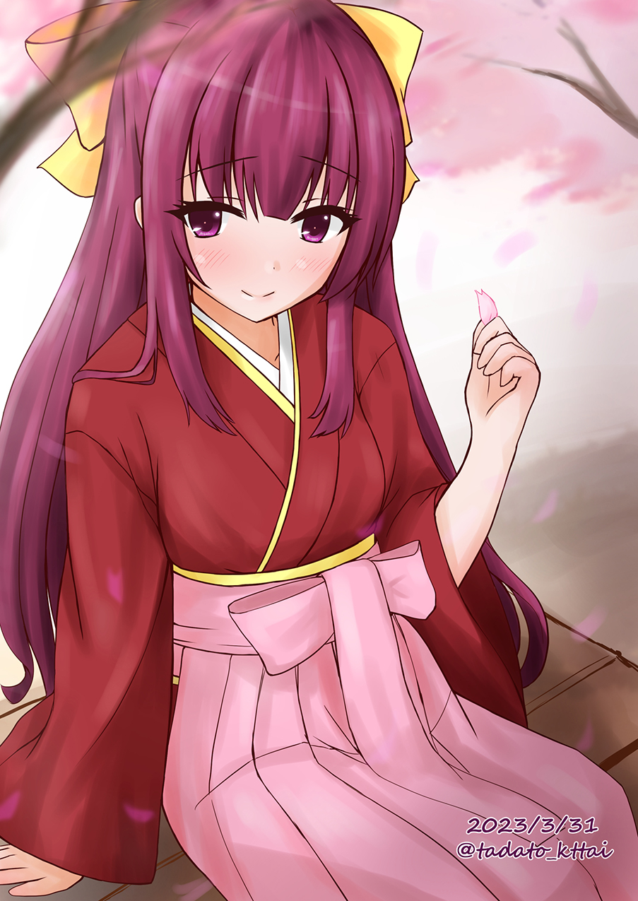 1girl, bench, bow, cherry_blossoms, hair_bow, hakama, hakama_skirt, highres