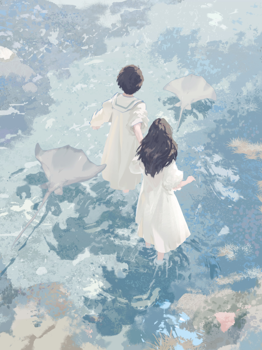 1boy, 1girl, black_hair, day, dress, facing_away, fish, from_above