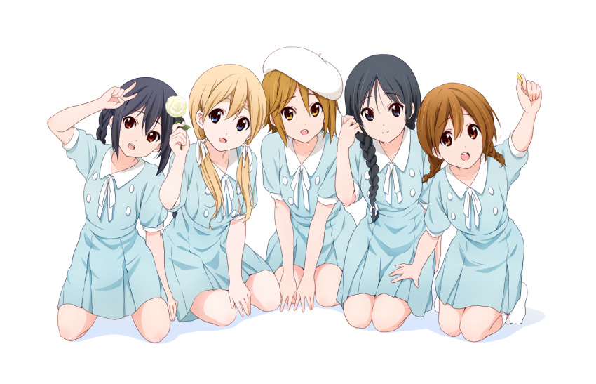 5girls, :d, akiyama_mio, black_eyes, black_hair, blonde_hair, blue_dress, blue_eyes