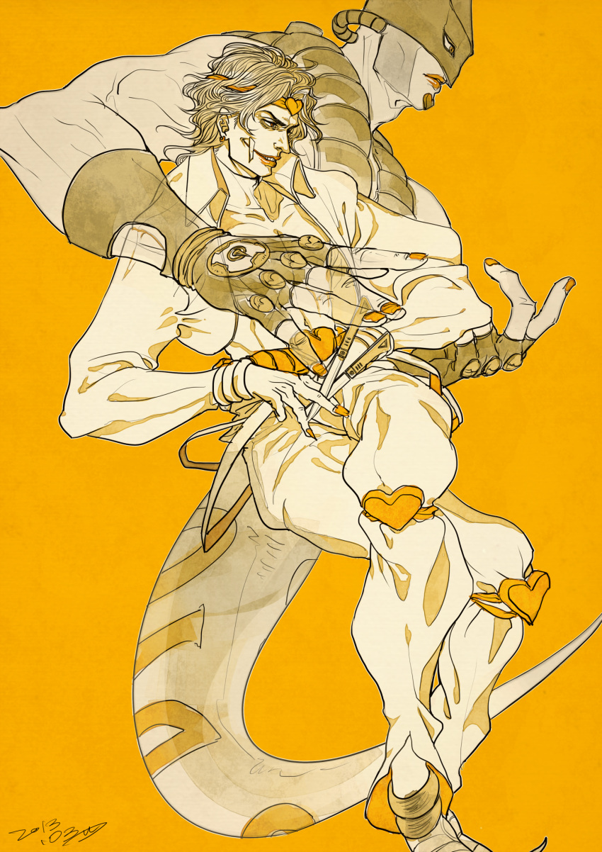 2boys, bandage_on_face, bandages, dio_brando, fingerless_gloves, glasgow_smile, gloves, headband