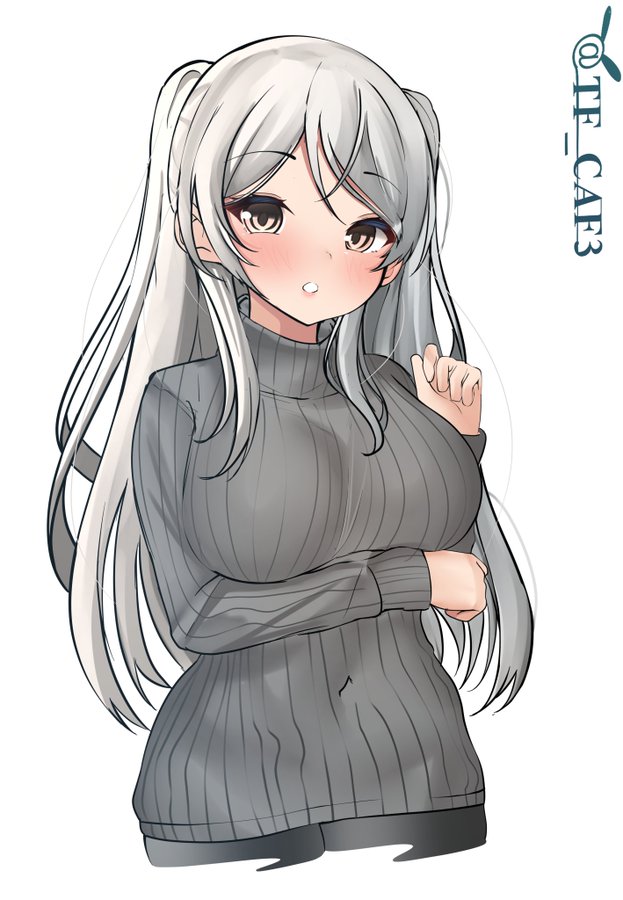 1girl, brown_eyes, conte_di_cavour_(kancolle), covered_navel, grey_hair, grey_sweater, kantai_collection, looking_at_viewer